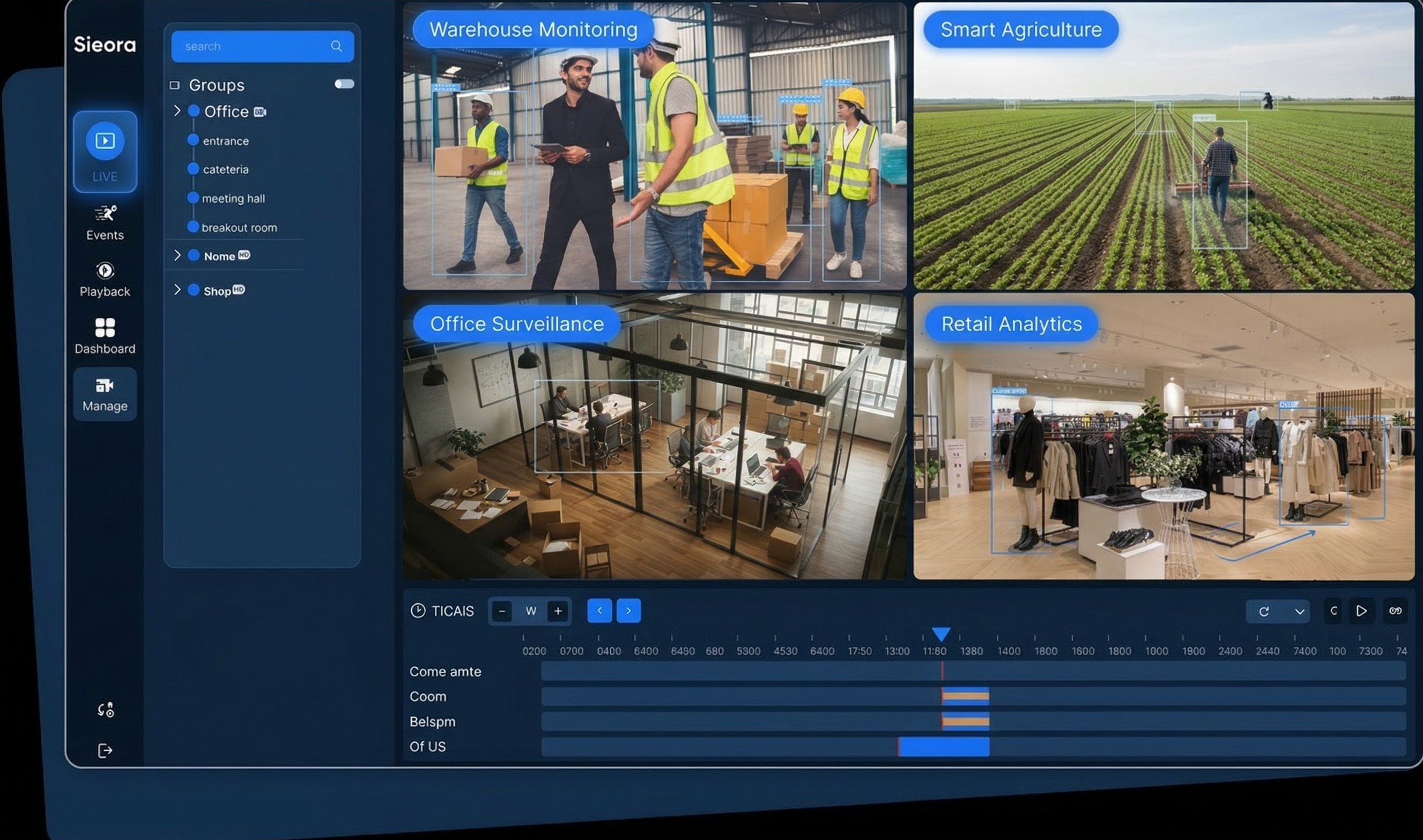 Sieora cloud video management system — live multi-camera dashboard